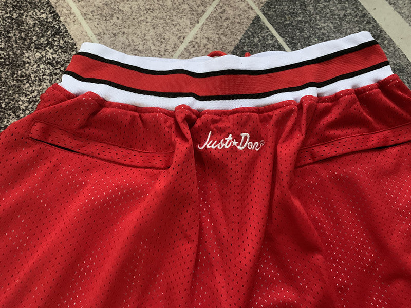 Red Chicago Bulls premium basketball shorts, waistband and label detail