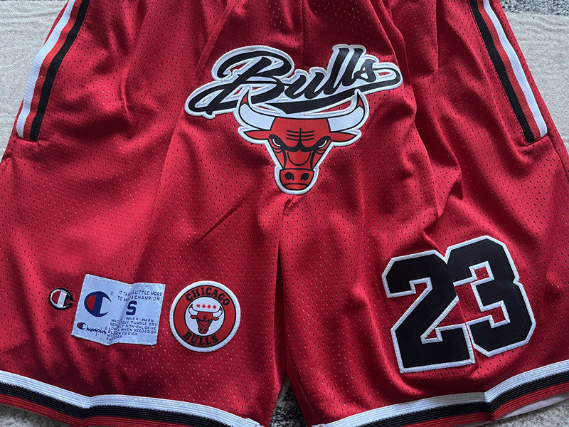 Red Chicago Bulls premium basketball shorts, waistband and label detail