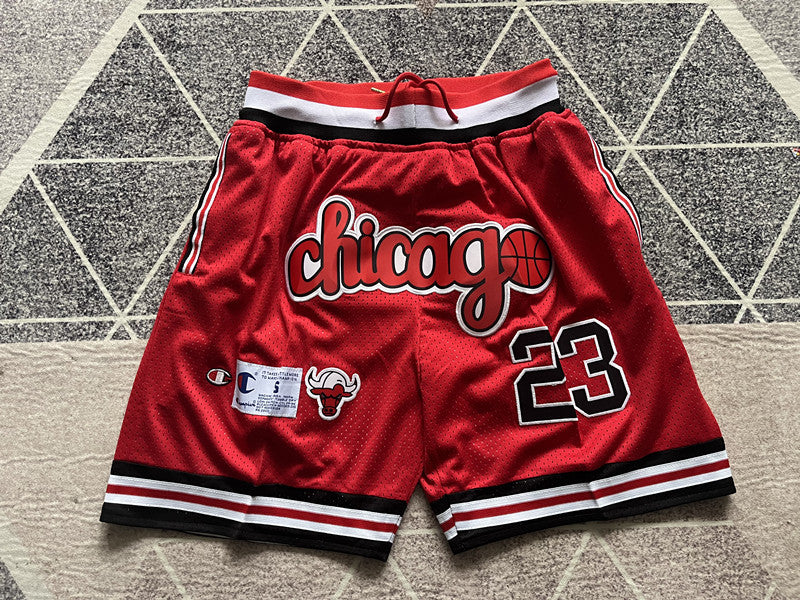 Red Chicago Bulls premium basketball shorts, full front view