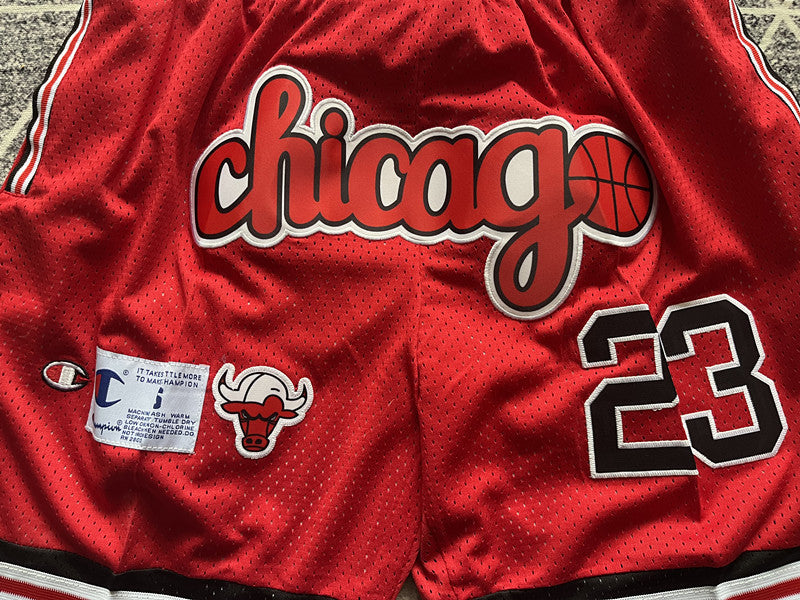 Red Chicago Bulls premium basketball shorts, waistband and label detail