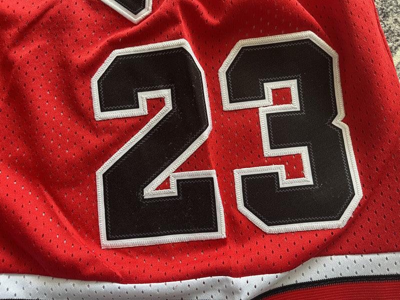 Red Chicago Bulls premium basketball shorts, waistband and label detail