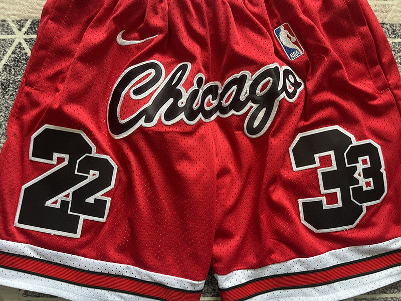 Red Chicago Bulls premium basketball shorts, graphic detail