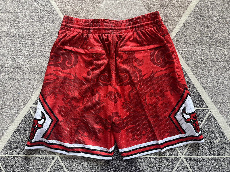 Red Chicago Bulls premium basketball shorts, full back view