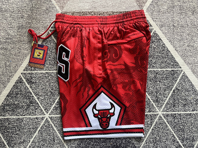 Red Chicago Bulls premium basketball shorts, side panel detail