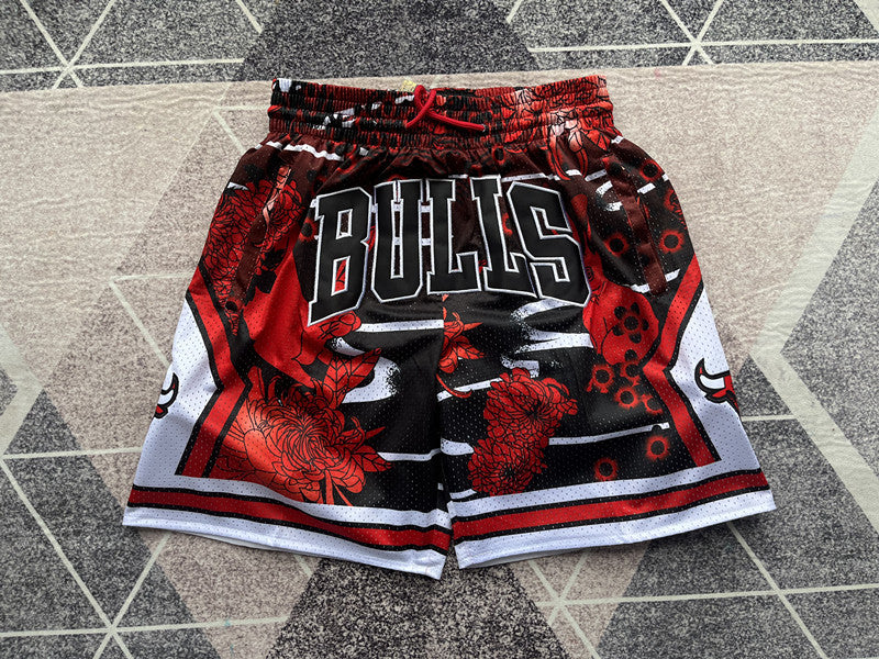 Red Chicago Bulls premium basketball shorts, full front view