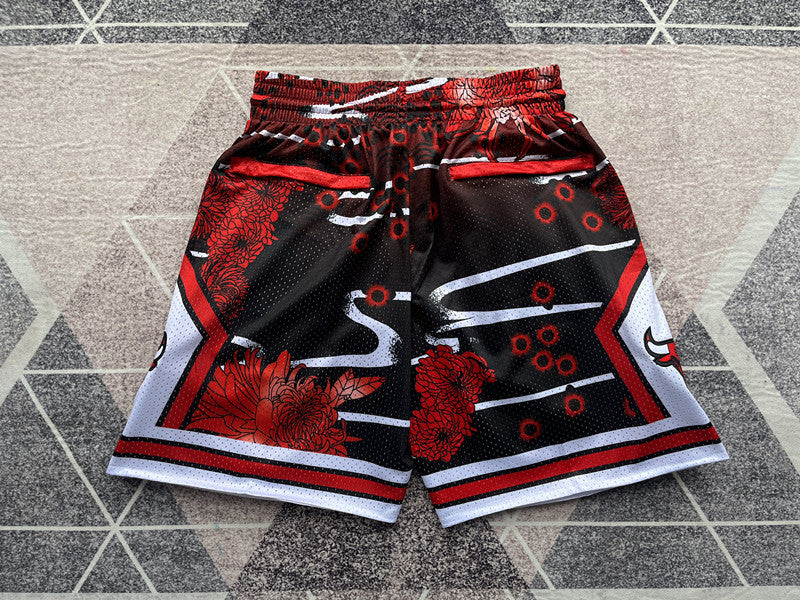 Red Chicago Bulls premium basketball shorts, full back view