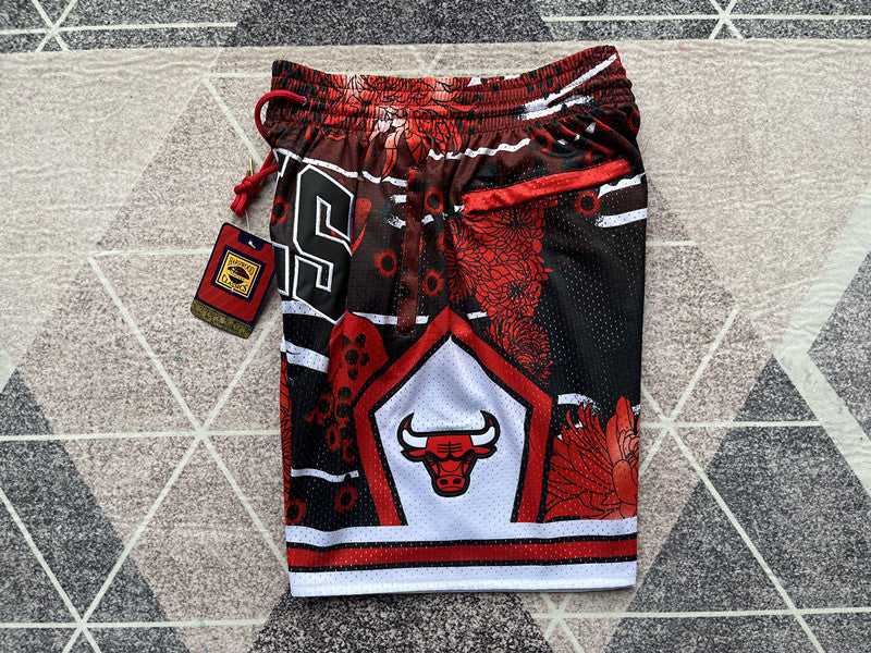 Red Chicago Bulls premium basketball shorts, side panel detail