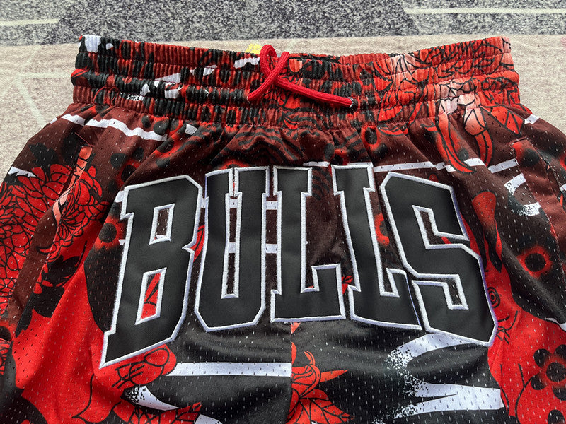 Red Chicago Bulls premium basketball shorts, waistband and label detail