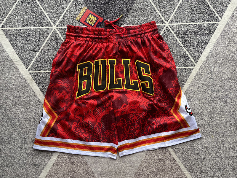 Red Chicago Bulls premium basketball shorts, full front view