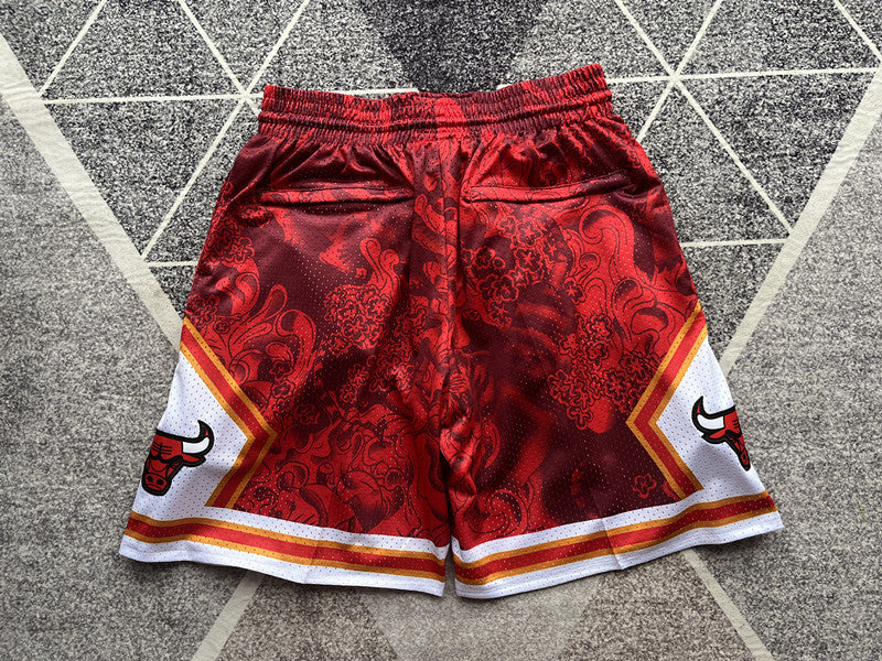 Red Chicago Bulls premium basketball shorts, full back view