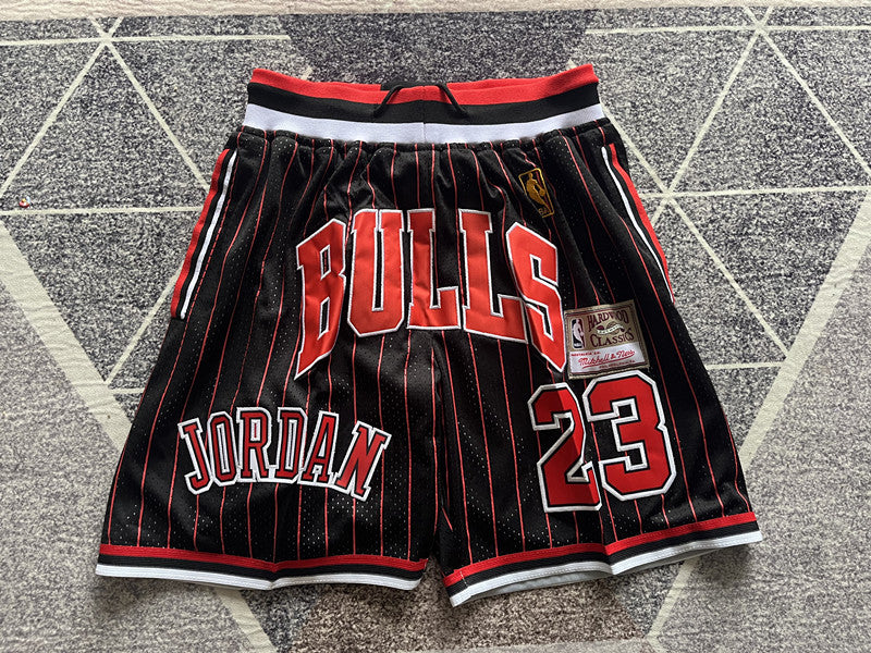 Multi-color Chicago Bulls premium basketball shorts, full front view