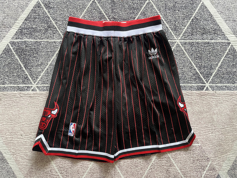Black and Red and White Chicago Bulls basketball shorts, full front view