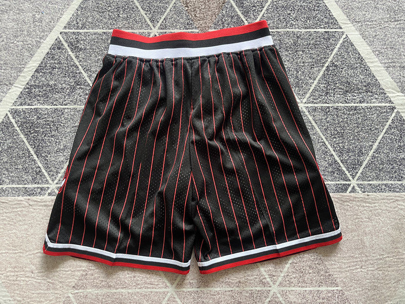 Black and Red and White Chicago Bulls basketball shorts, full back view