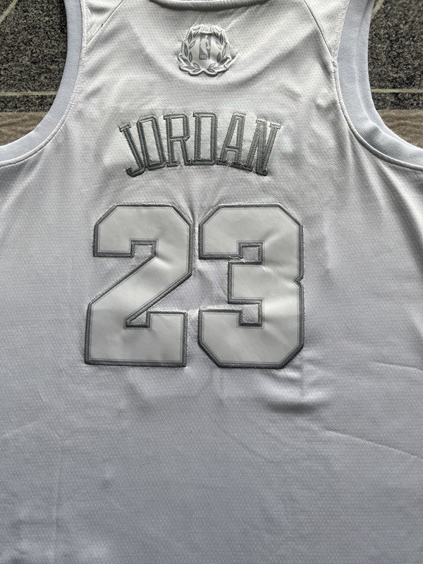 White Chicago Bulls basketball jersey, back lettering and number detail