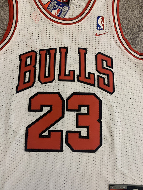 White Chicago Bulls basketball jersey, front graphic detail