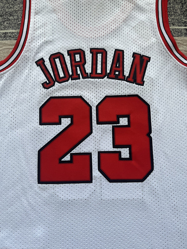 White Chicago Bulls basketball jersey, back lettering and number detail