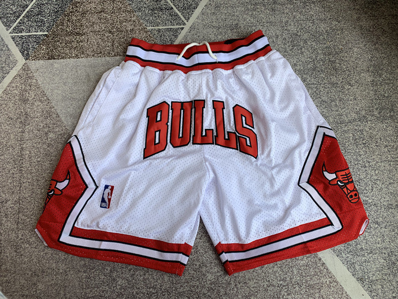 White Chicago Bulls premium basketball shorts, full front view
