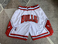 White Chicago Bulls premium basketball shorts, full front view
