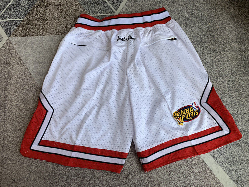 White Chicago Bulls premium basketball shorts, full back view