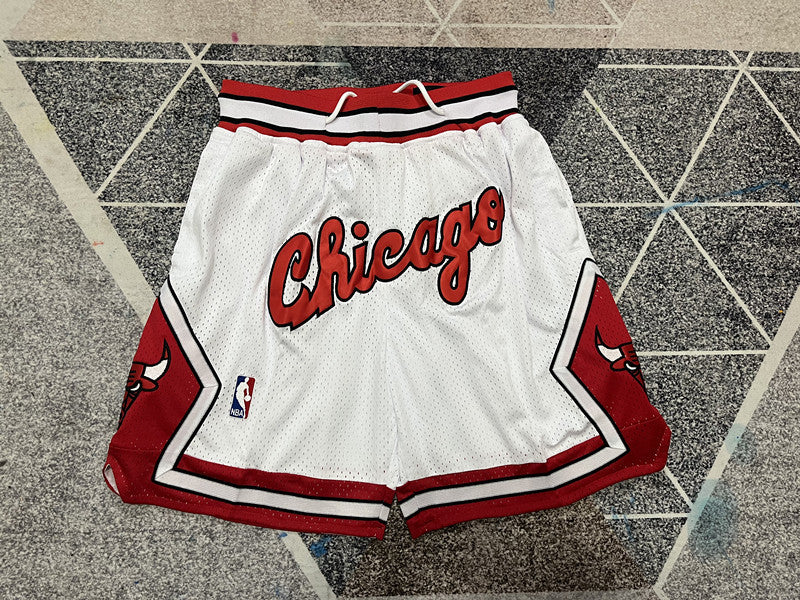 White Chicago Bulls premium basketball shorts, full front view