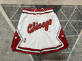 White Chicago Bulls premium basketball shorts, full front view