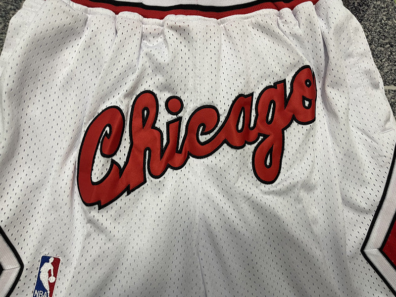 White Chicago Bulls premium basketball shorts, graphic detail