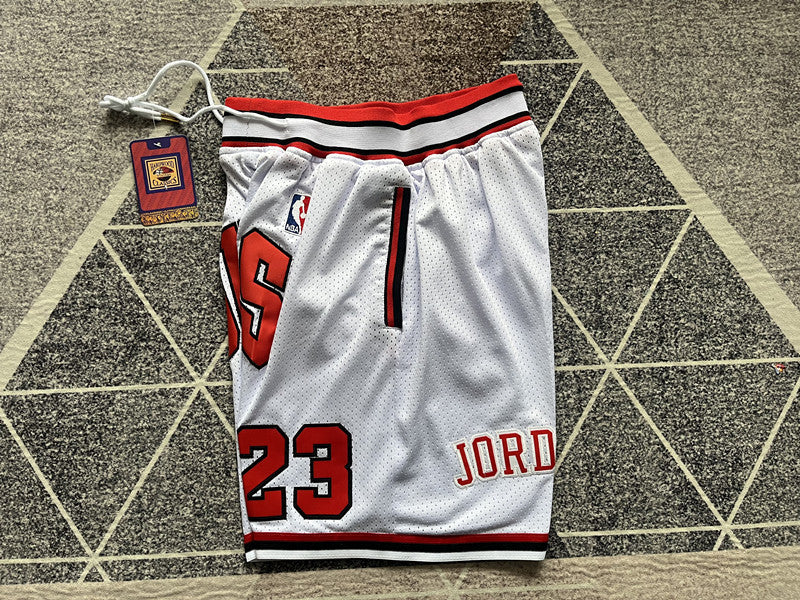 White Chicago Bulls premium basketball shorts, side panel detail