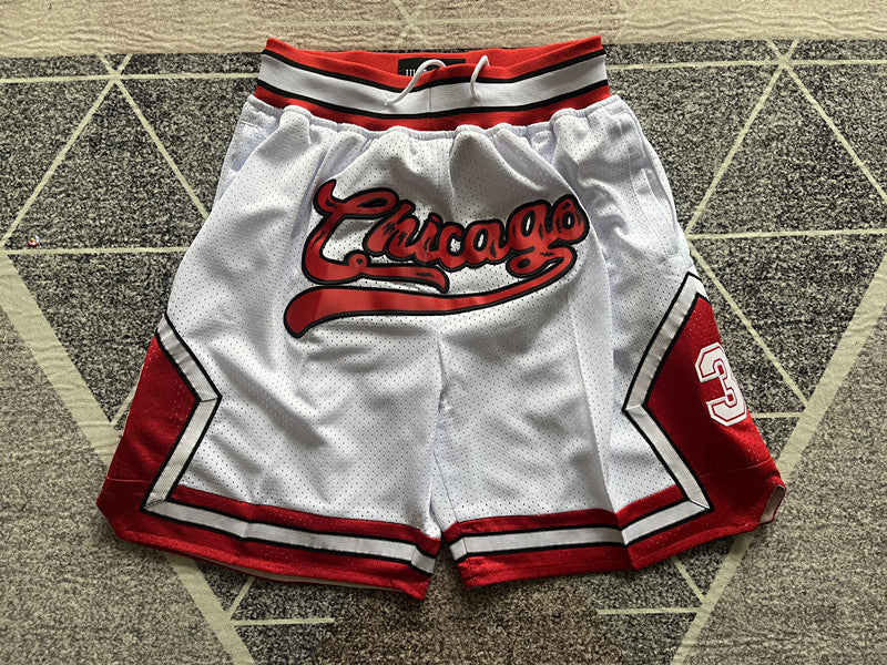 White Chicago Bulls premium basketball shorts, full front view