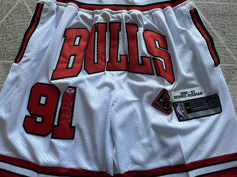 White Chicago Bulls premium basketball shorts, waistband and label detail