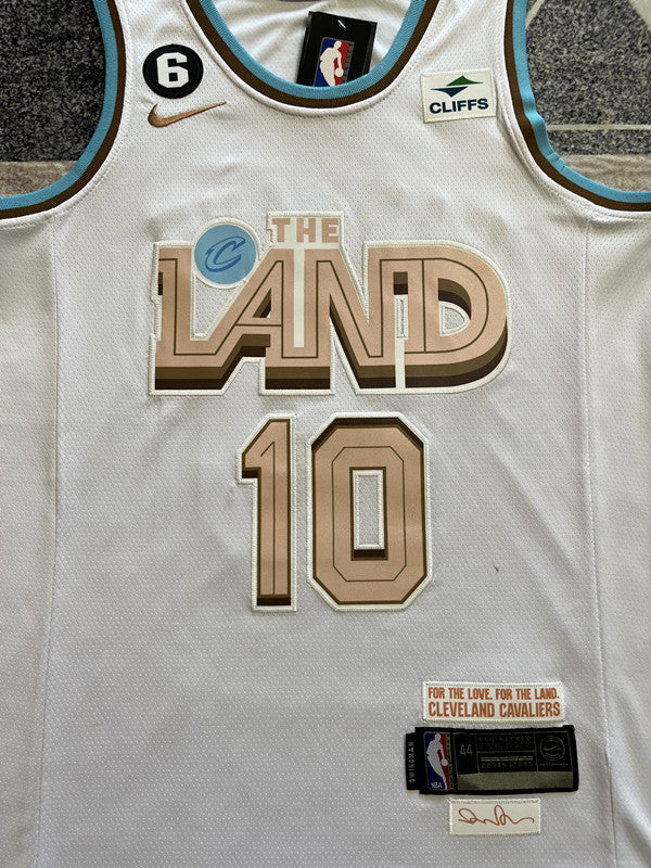White Cleveland Cavaliers basketball jersey, front graphic detail