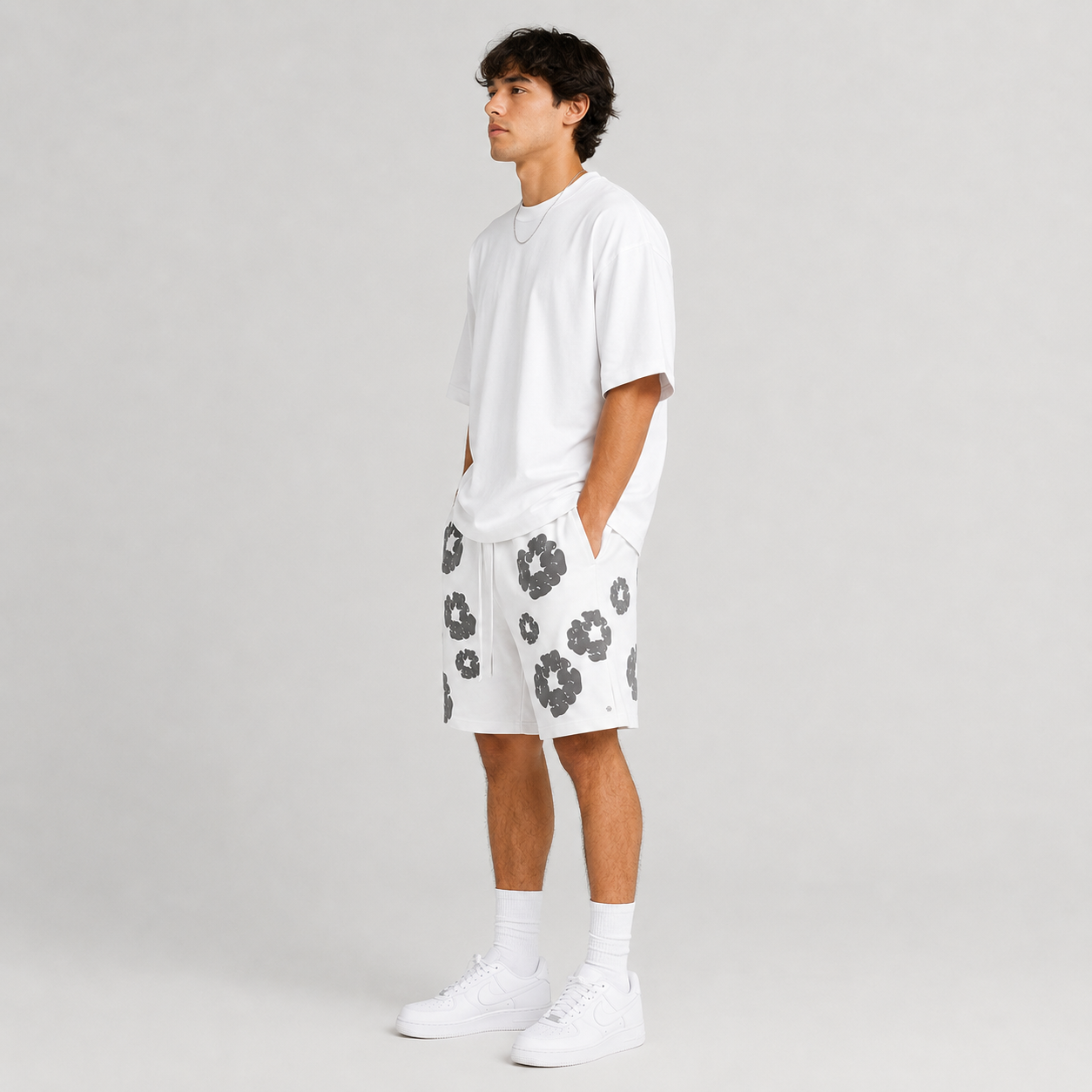 White Grey Puff Floral cotton shorts - side view