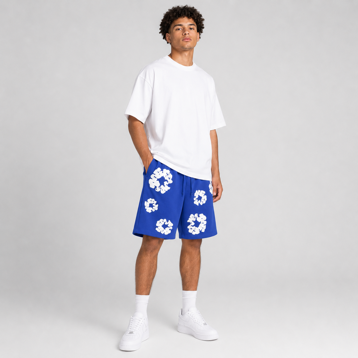 Sky Blue White Floral cotton shorts - back angle view