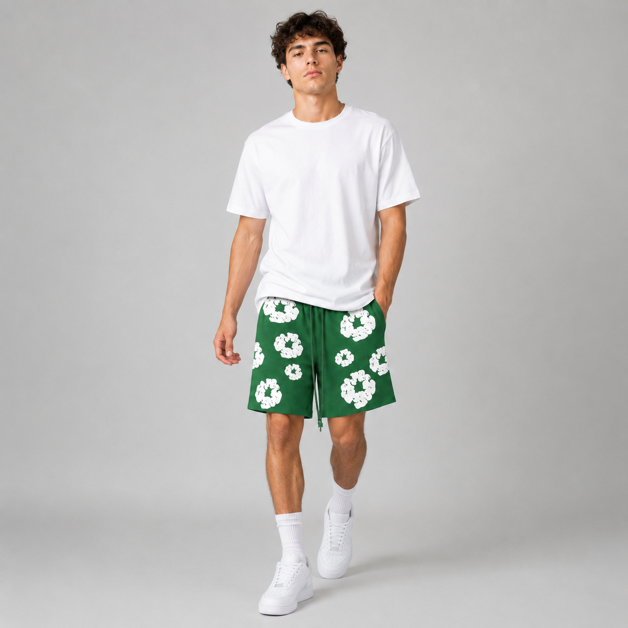 Forest Green White Floral cotton shorts - lifestyle view