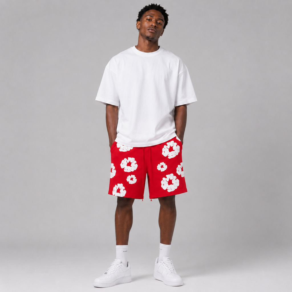 Red White Puff Floral cotton shorts - detail view