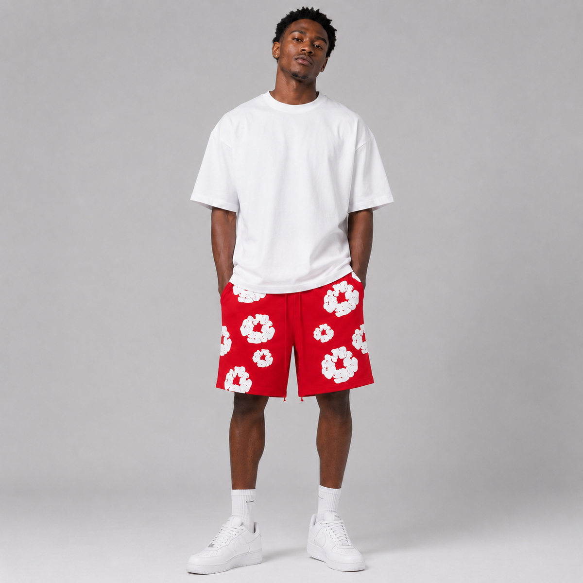 Red White Puff Floral cotton shorts - detail view