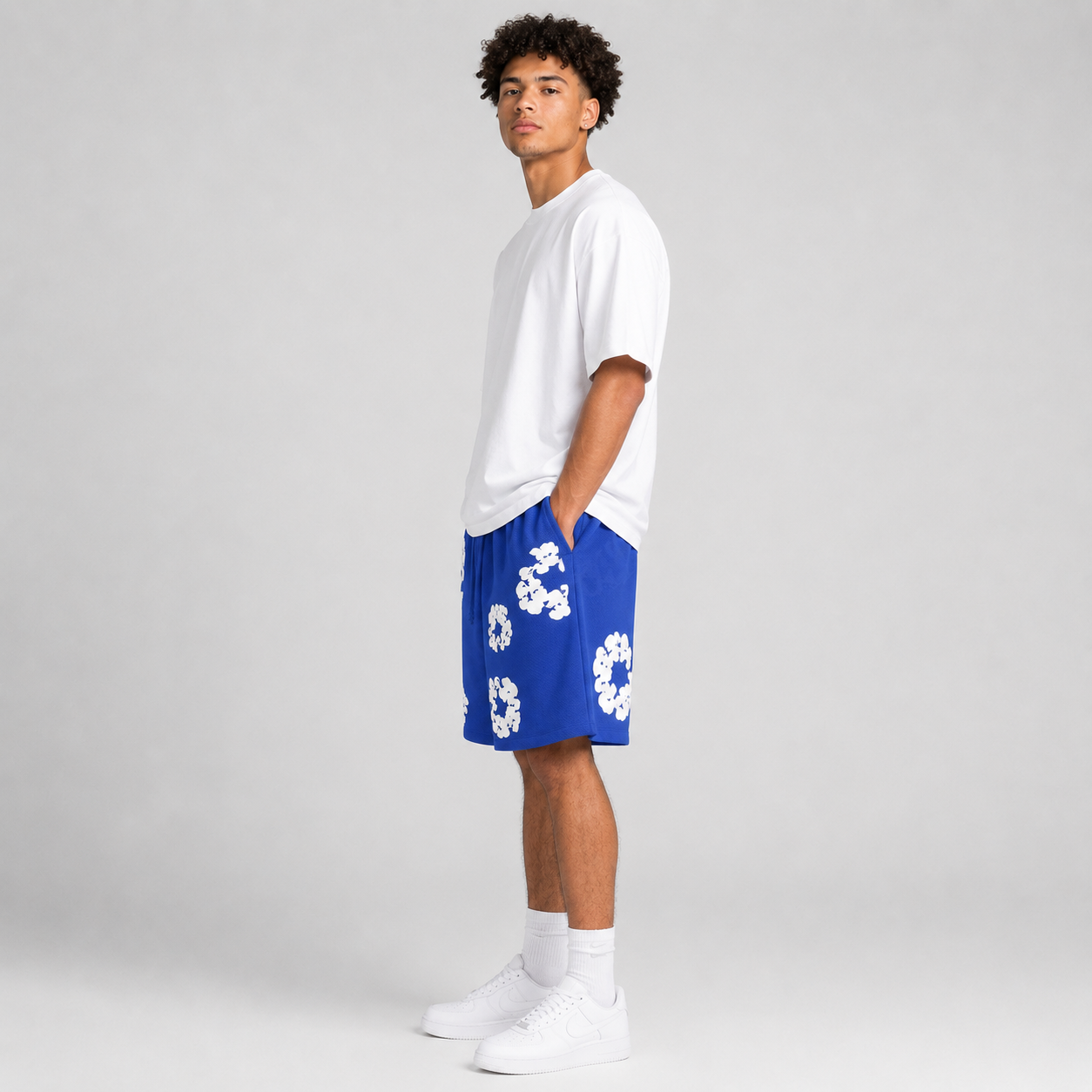 Sky Blue White Floral cotton shorts - side view