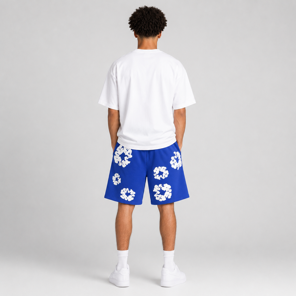 Sky Blue White Floral cotton shorts - lifestyle view