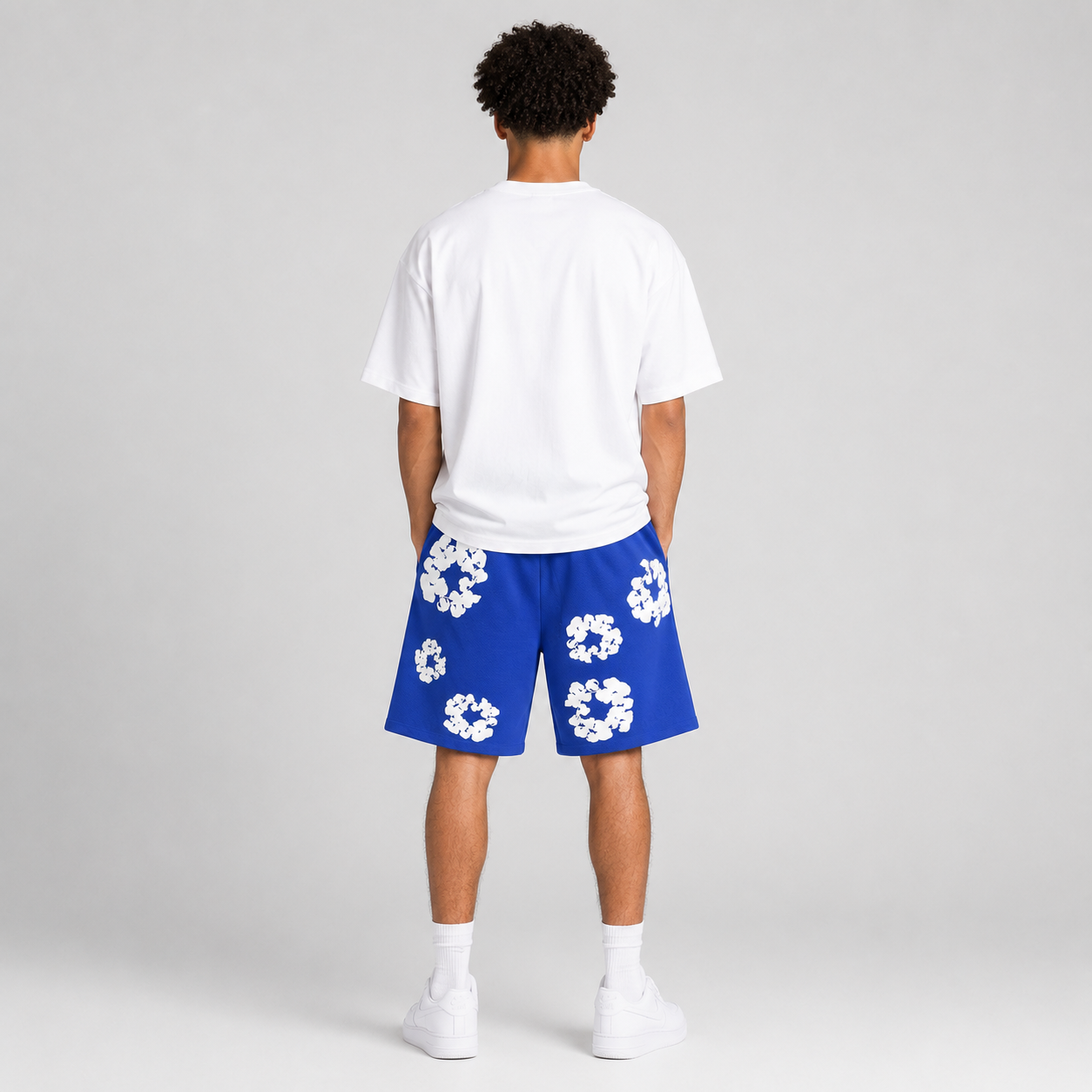 Sky Blue White Floral cotton shorts - lifestyle view