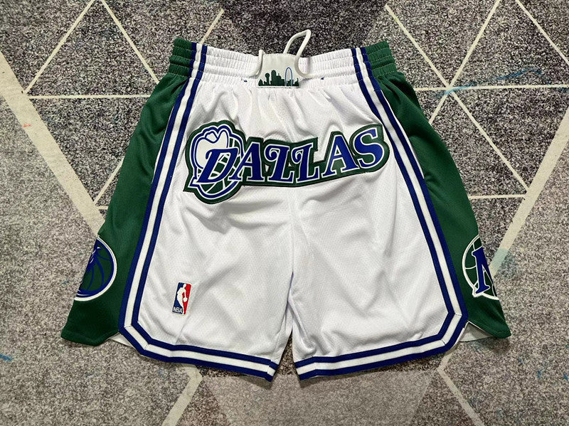 White Dallas Mavericks premium basketball shorts, full front view