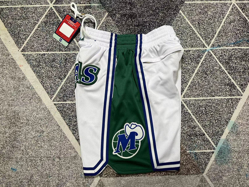 White Dallas Mavericks premium basketball shorts, side panel detail