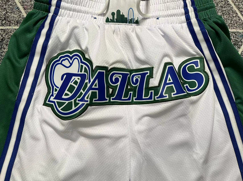 White Dallas Mavericks premium basketball shorts, graphic detail