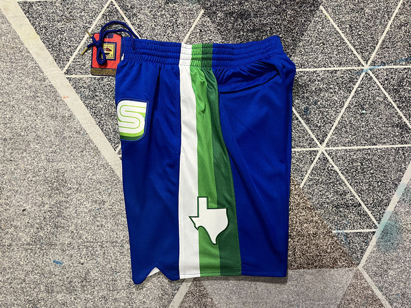 Royal Blue Dallas Mavericks premium basketball shorts, side panel detail