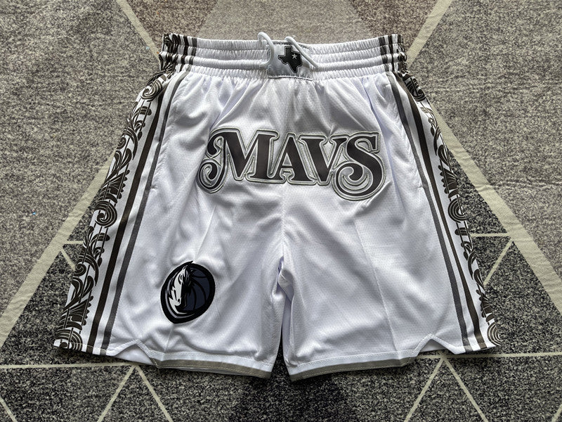 White Dallas Mavericks premium basketball shorts, full front view