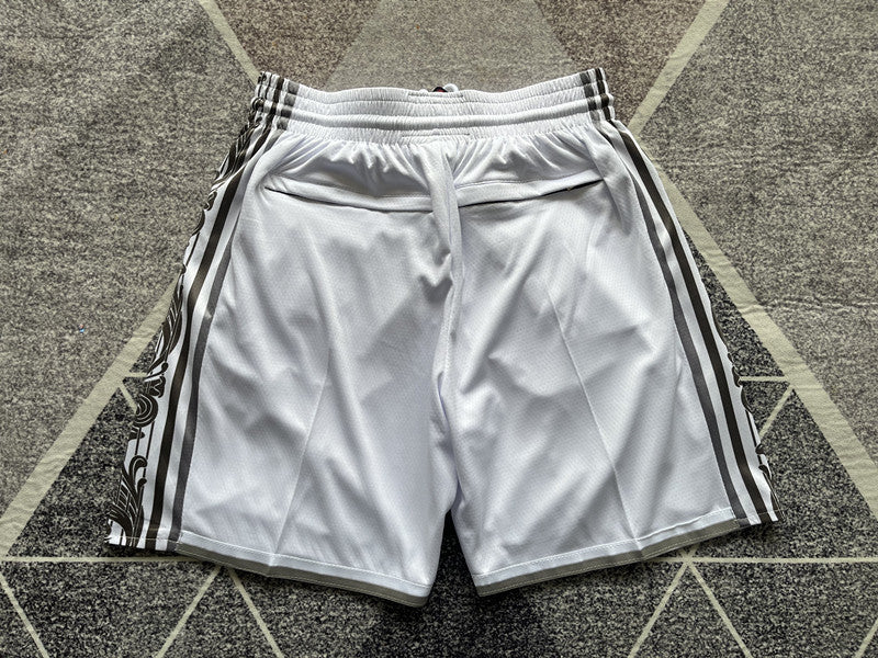 White Dallas Mavericks premium basketball shorts, full back view