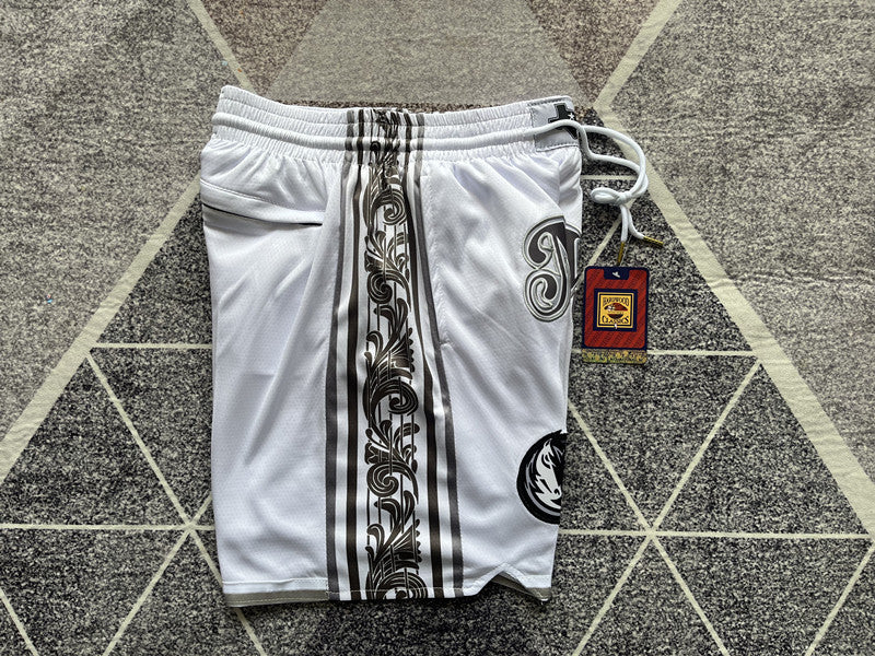 White Dallas Mavericks premium basketball shorts, side panel detail