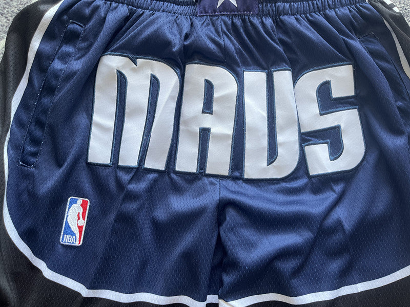 Navy Dallas Mavericks premium basketball shorts, waistband and label detail