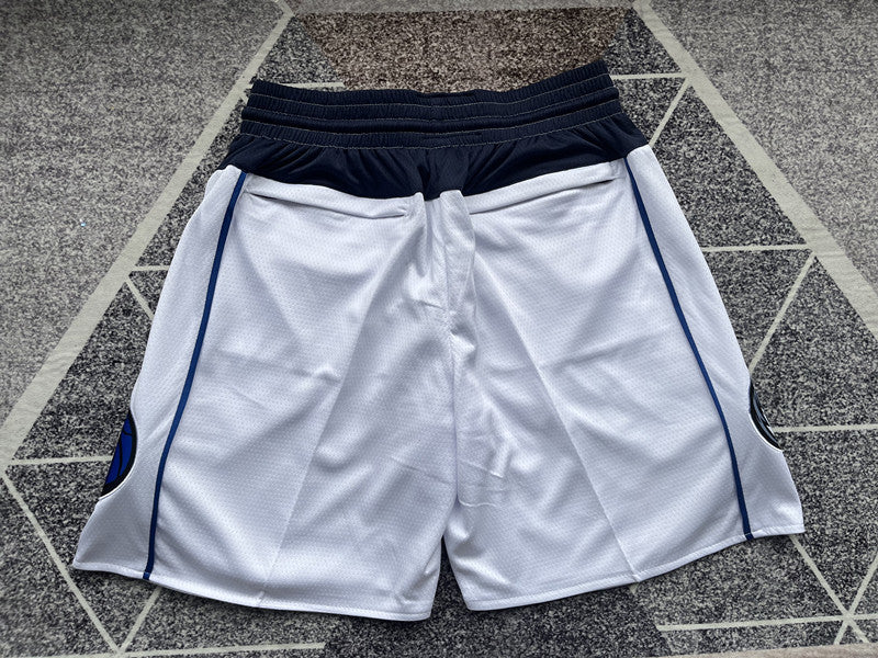 White Dallas Mavericks premium basketball shorts, full back view