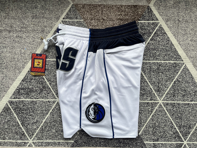 White Dallas Mavericks premium basketball shorts, side panel detail