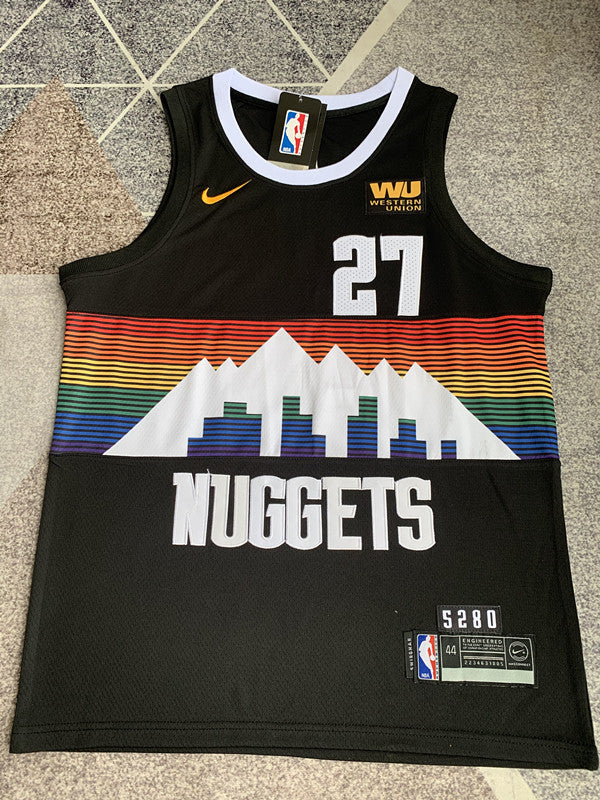 Multi-color Denver Nuggets basketball jersey, full front view