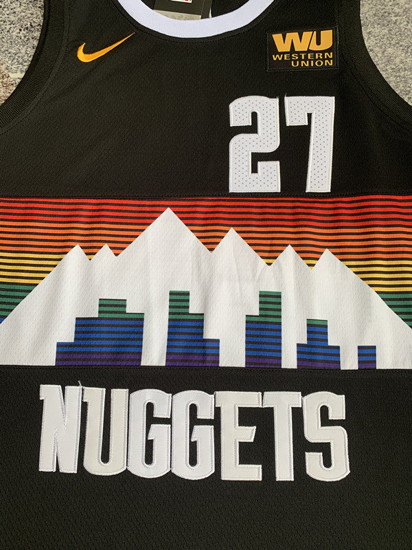 Multi-color Denver Nuggets basketball jersey, front graphic detail
